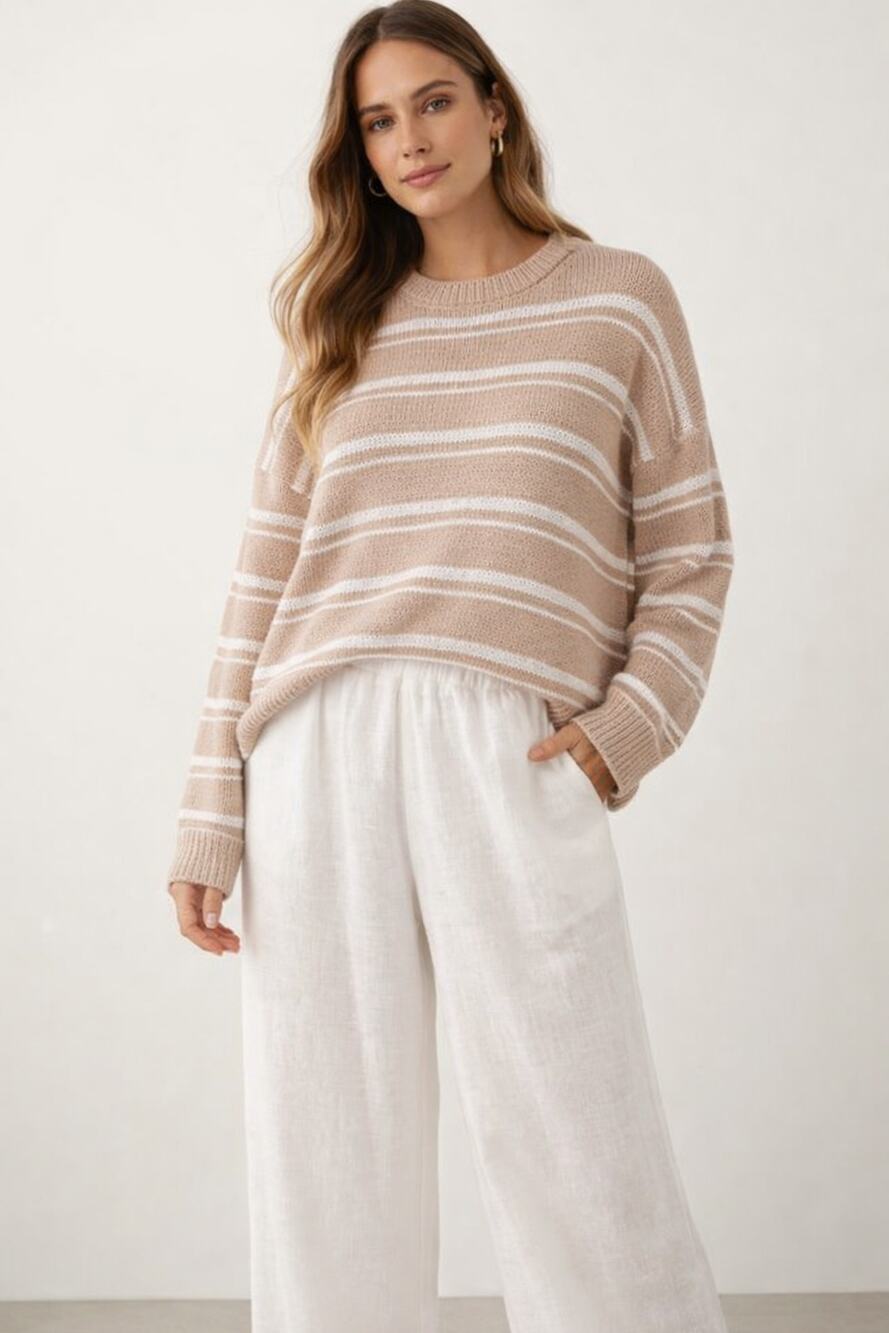 Womens Joie Cotton Blend Sweater Sz XS Striped Tan White Oversized